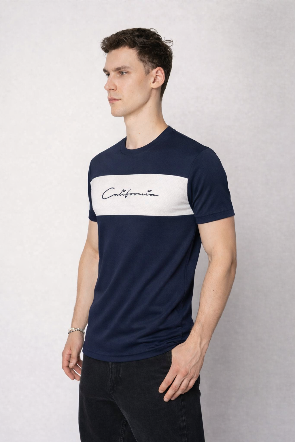 T-shirt col rond bande coloré marine-blanc fashion homme