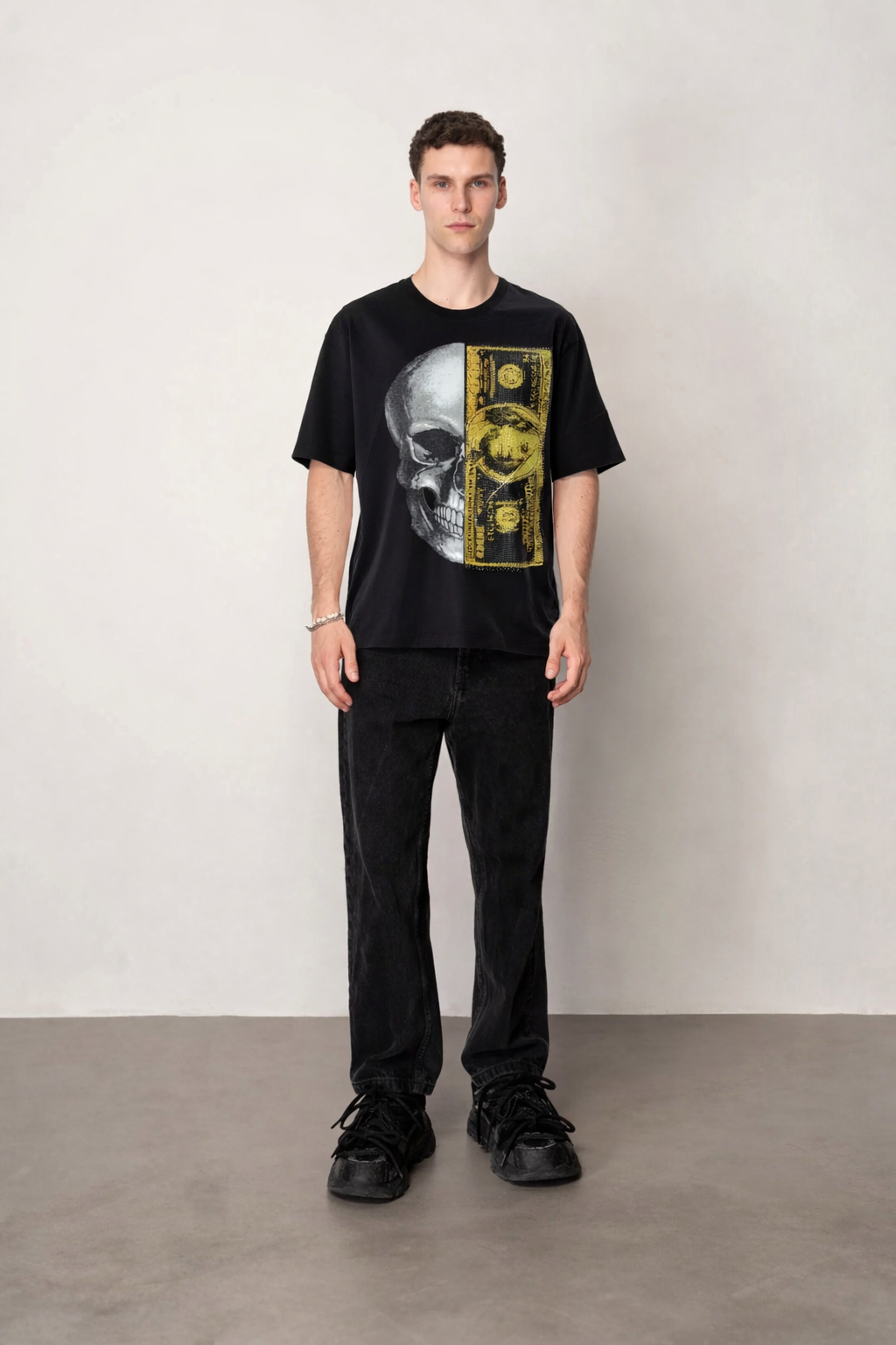 T-shirt manches courtes col rond noir motif gangster fashion homme