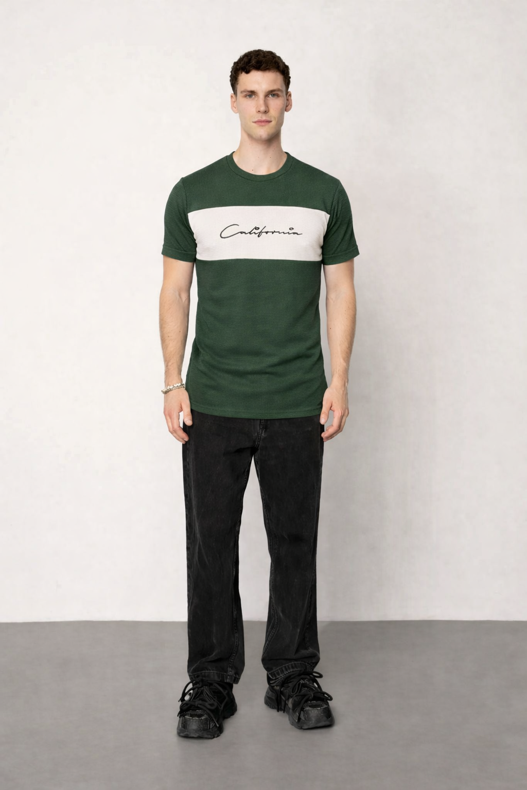 T-shirt col rond bande coloré vert kaki-blanc fashion homme