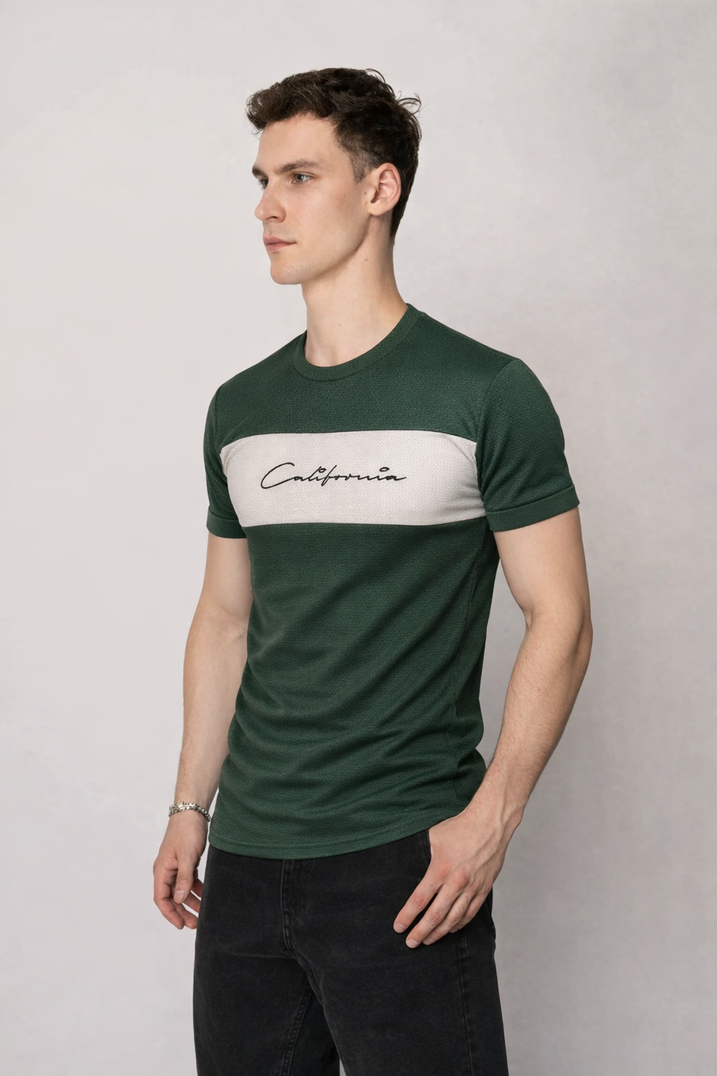 T-shirt col rond bande coloré vert kaki-blanc fashion homme