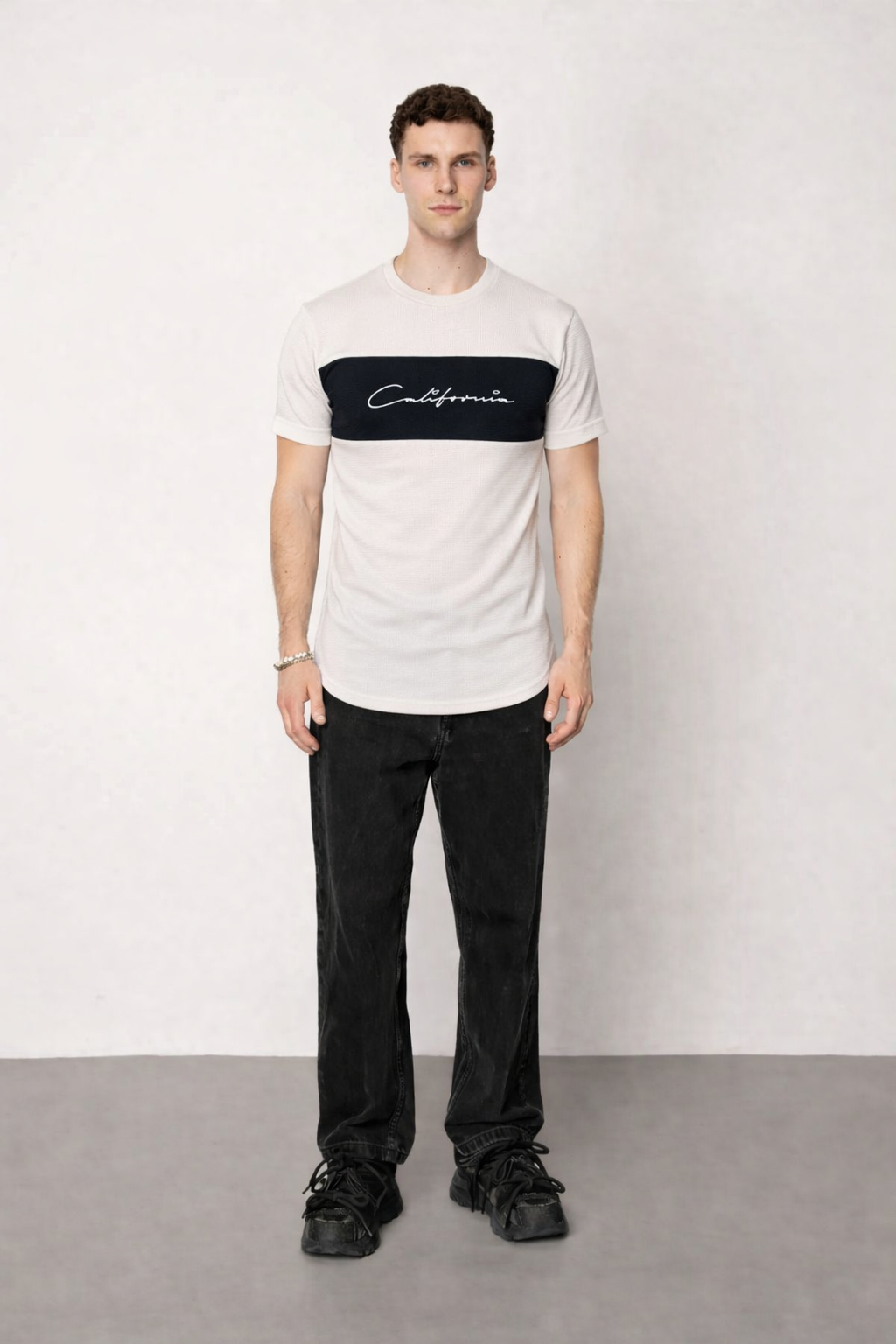 T-shirt col rond bande coloré blanc-noir fashion homme