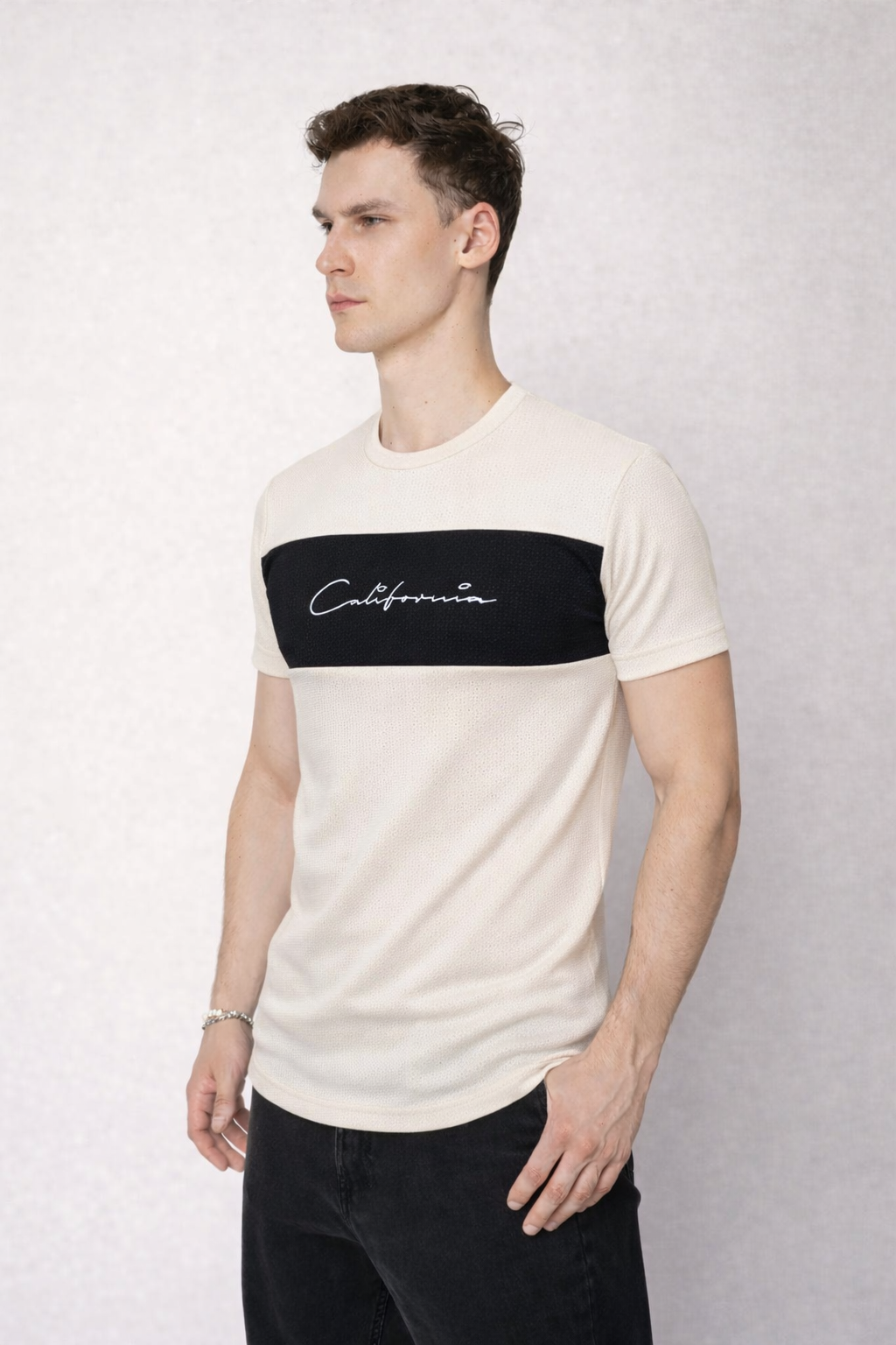 T-shirt col rond bande coloré blanc-noir fashion homme