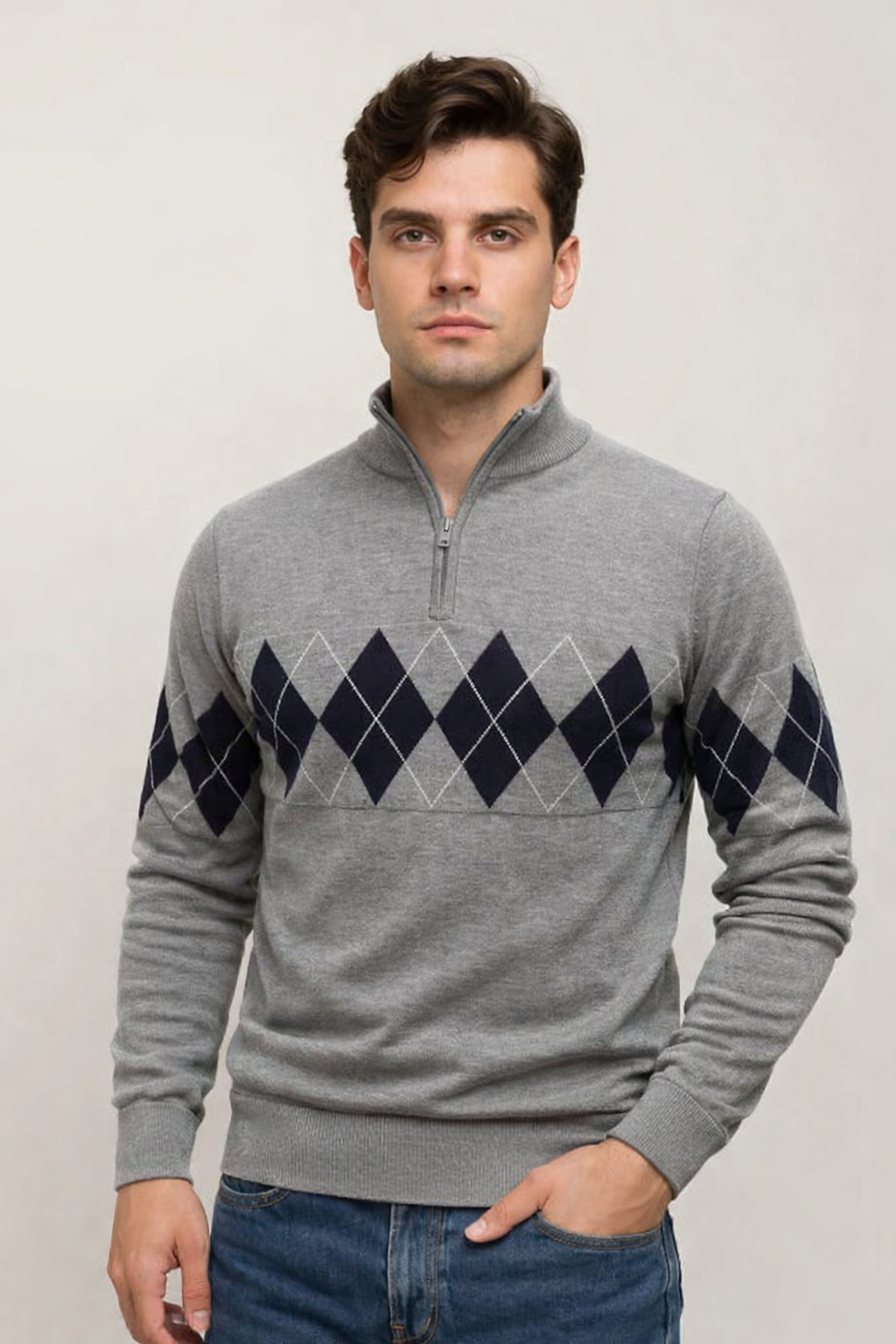 Pull homme zippé à losanges