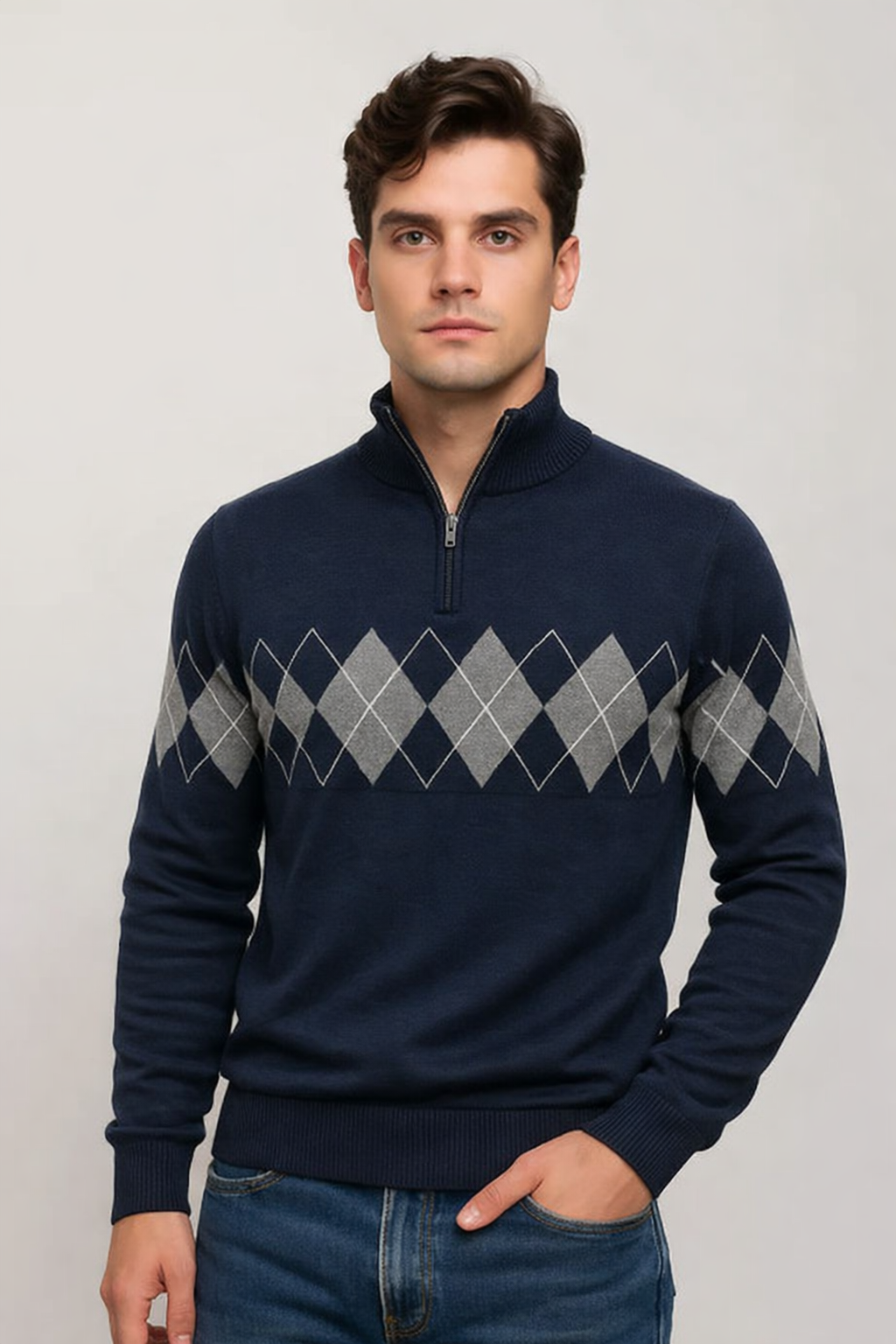 Pull homme zippé à losanges