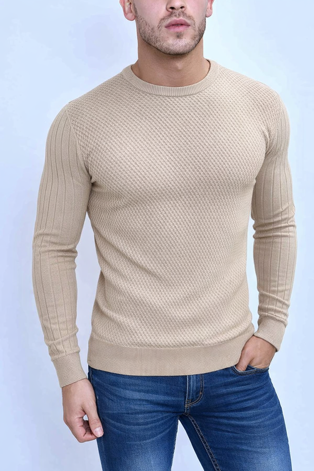 Pull col rond beige homme fashion