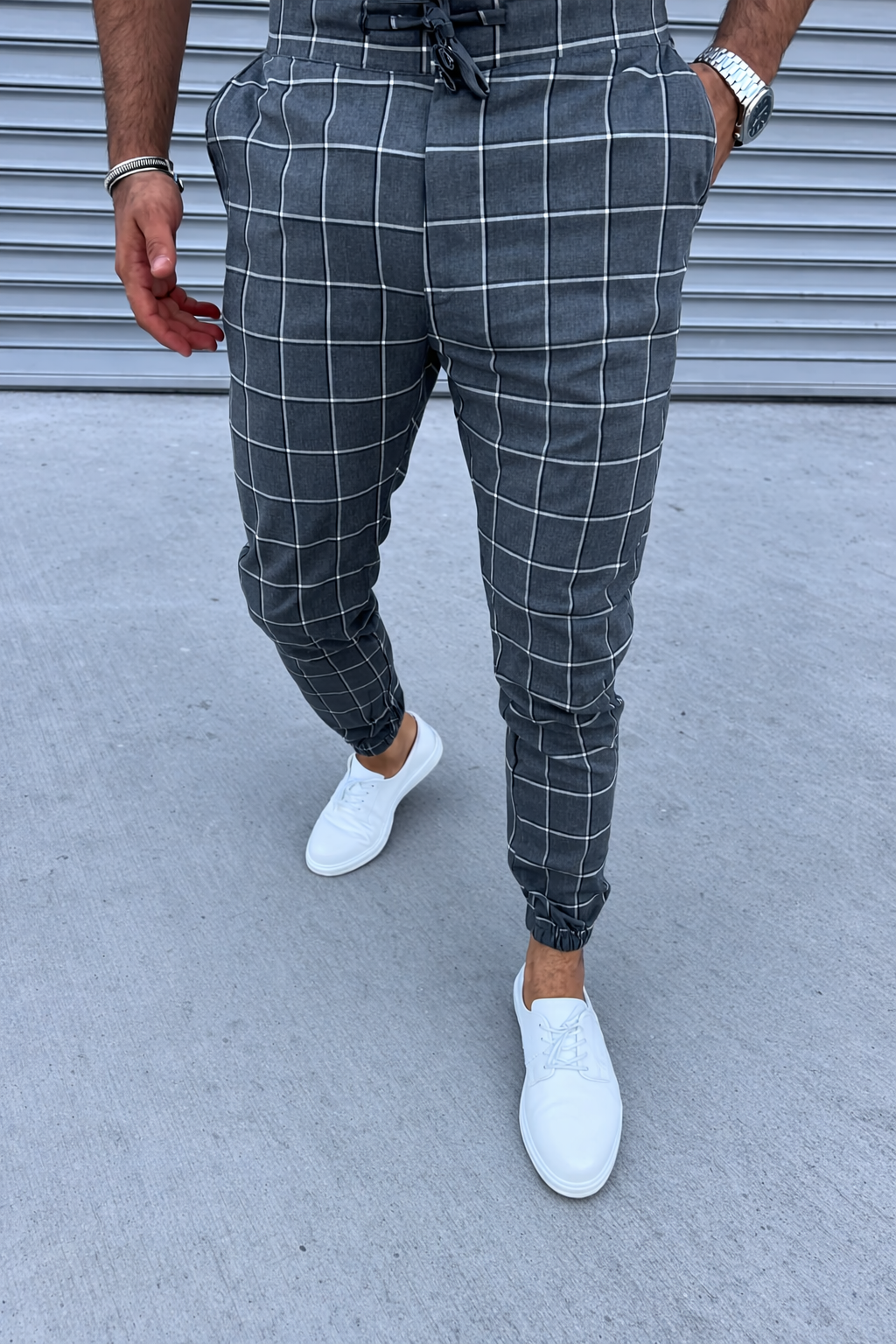 Pantalon chino gris à gros carreaux confortable homme fashion