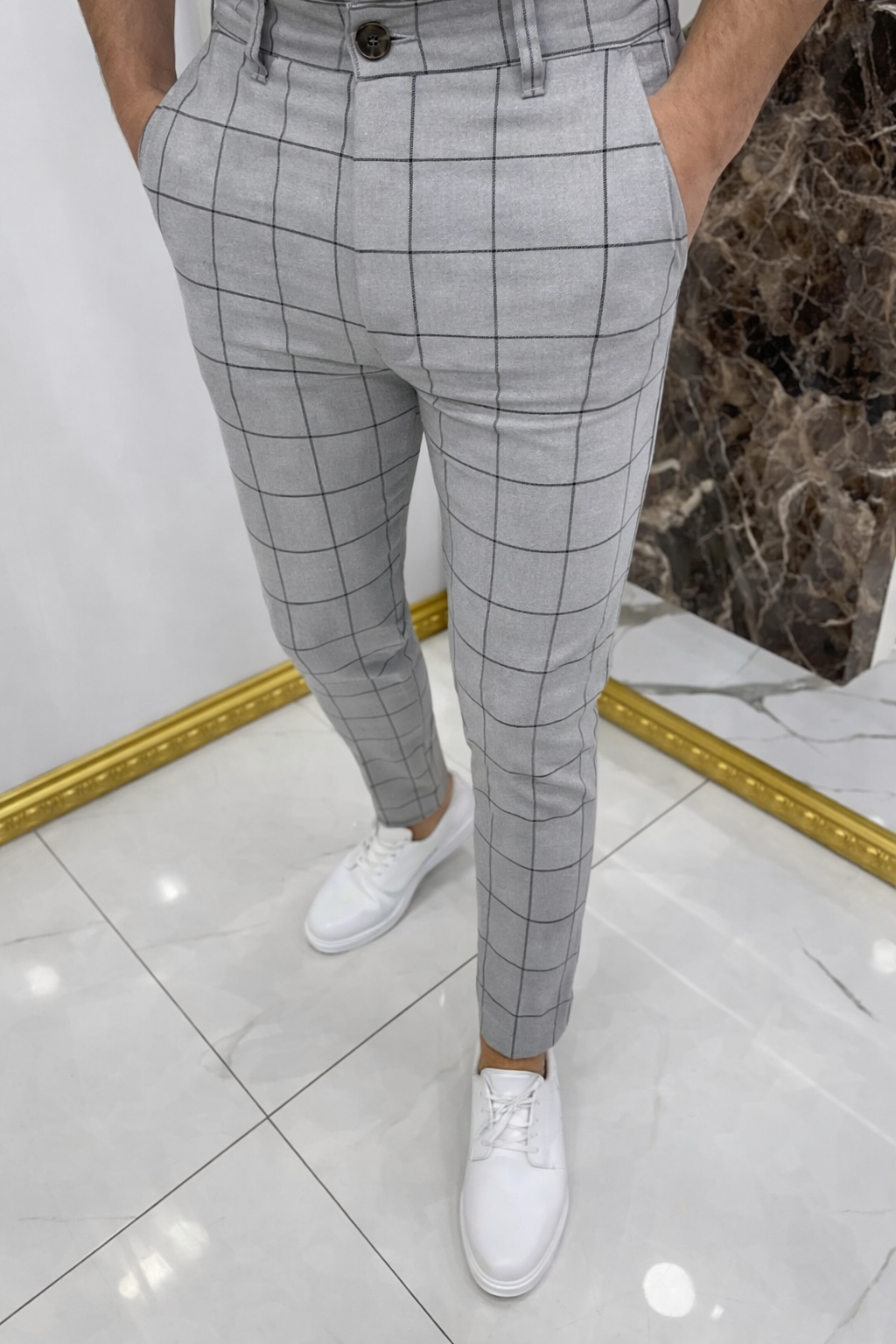Pantalon gris à carreaux slim fashion homme