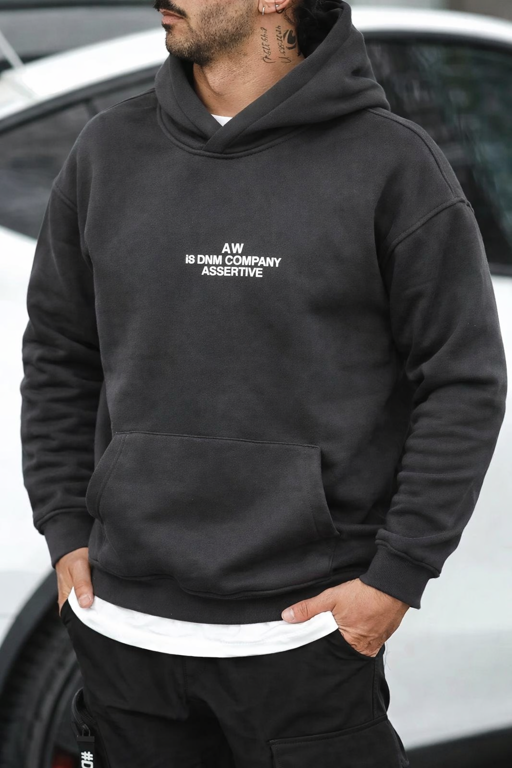 Sweat à capuche imprimé gris foncé