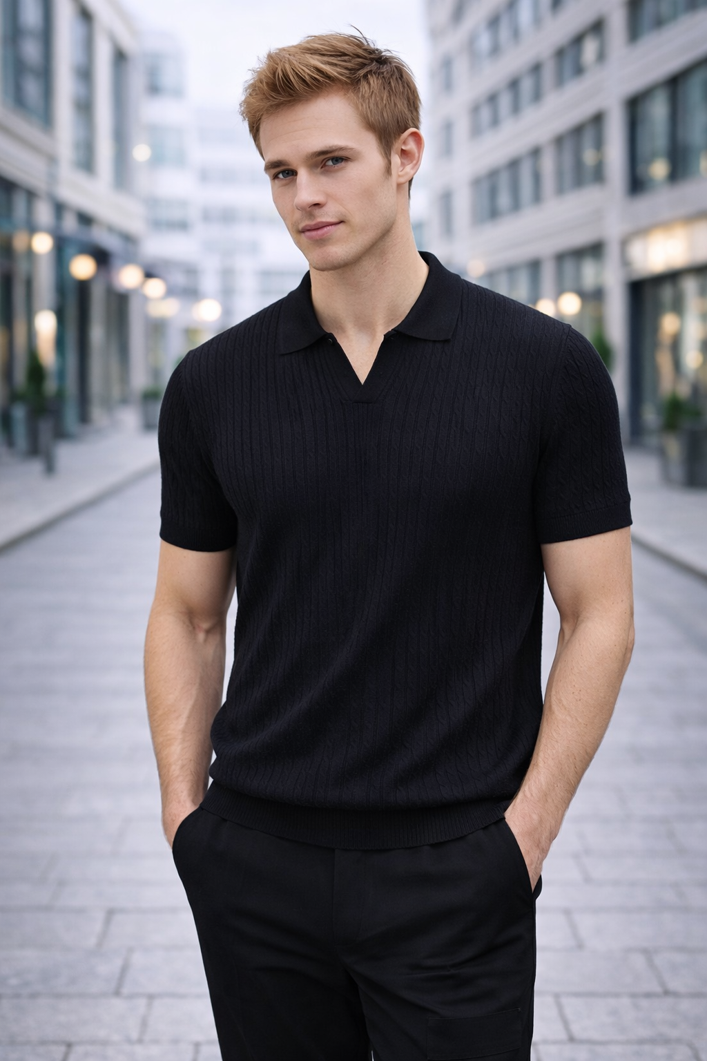 Polo homme noir maille texturée