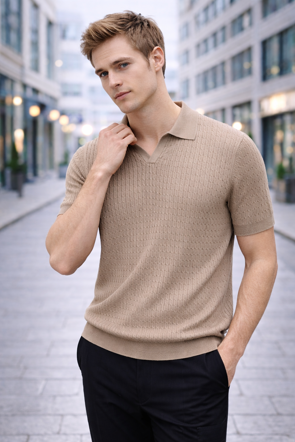 Polo homme beige maille texturée