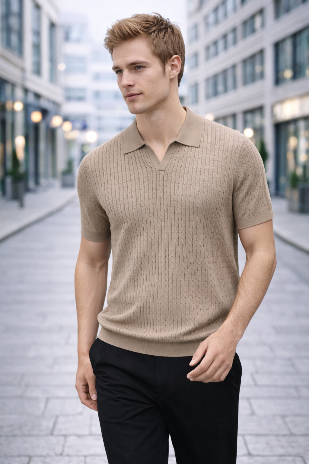 Polo homme beige maille texturée