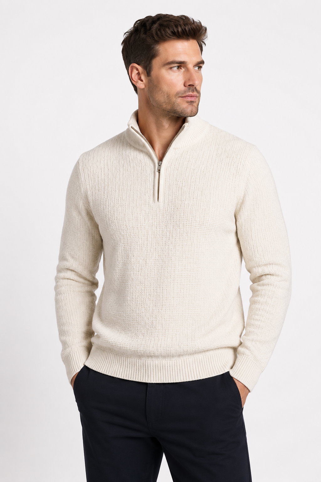 Pull homme écru à col montant zippé