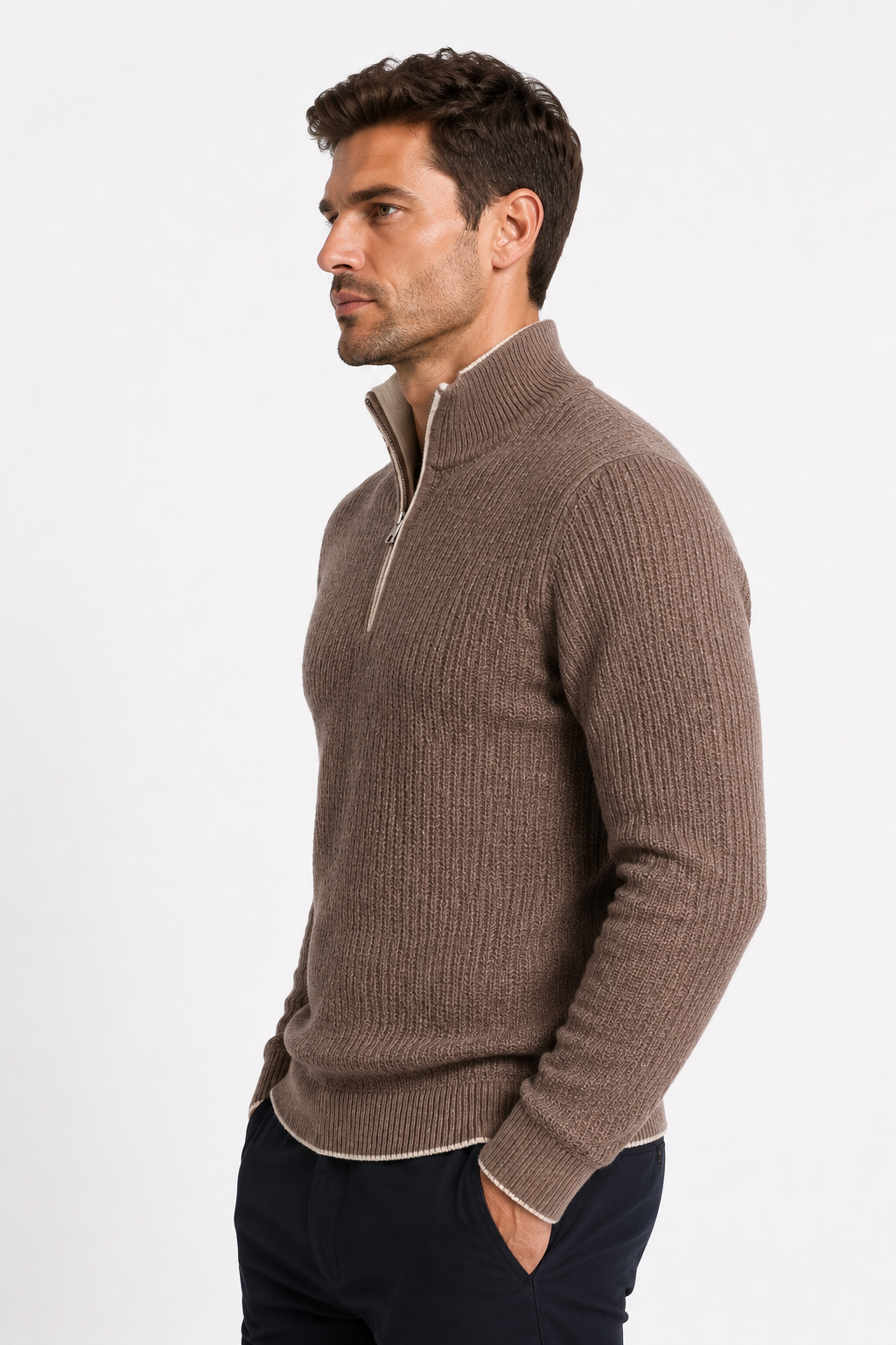 Pull homme taupe à col montant zippé
