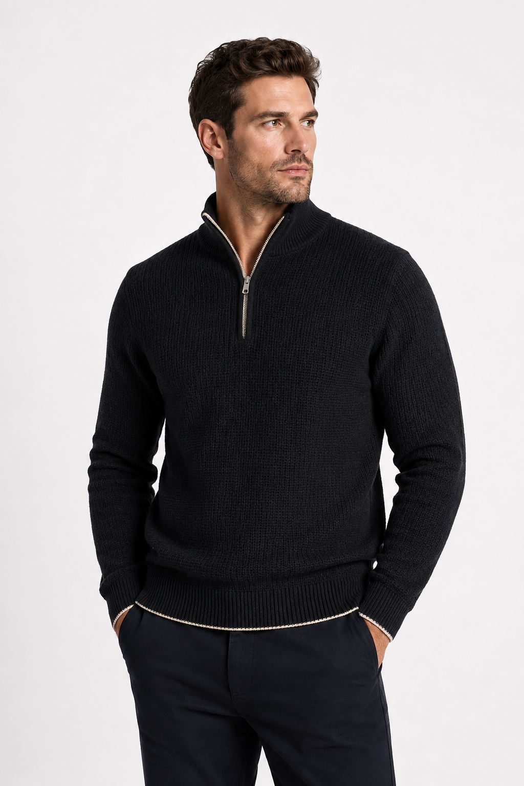 Pull homme noir à col montant zippé