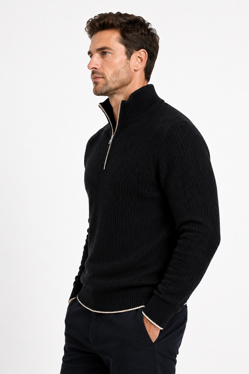Pull homme noir à col montant zippé