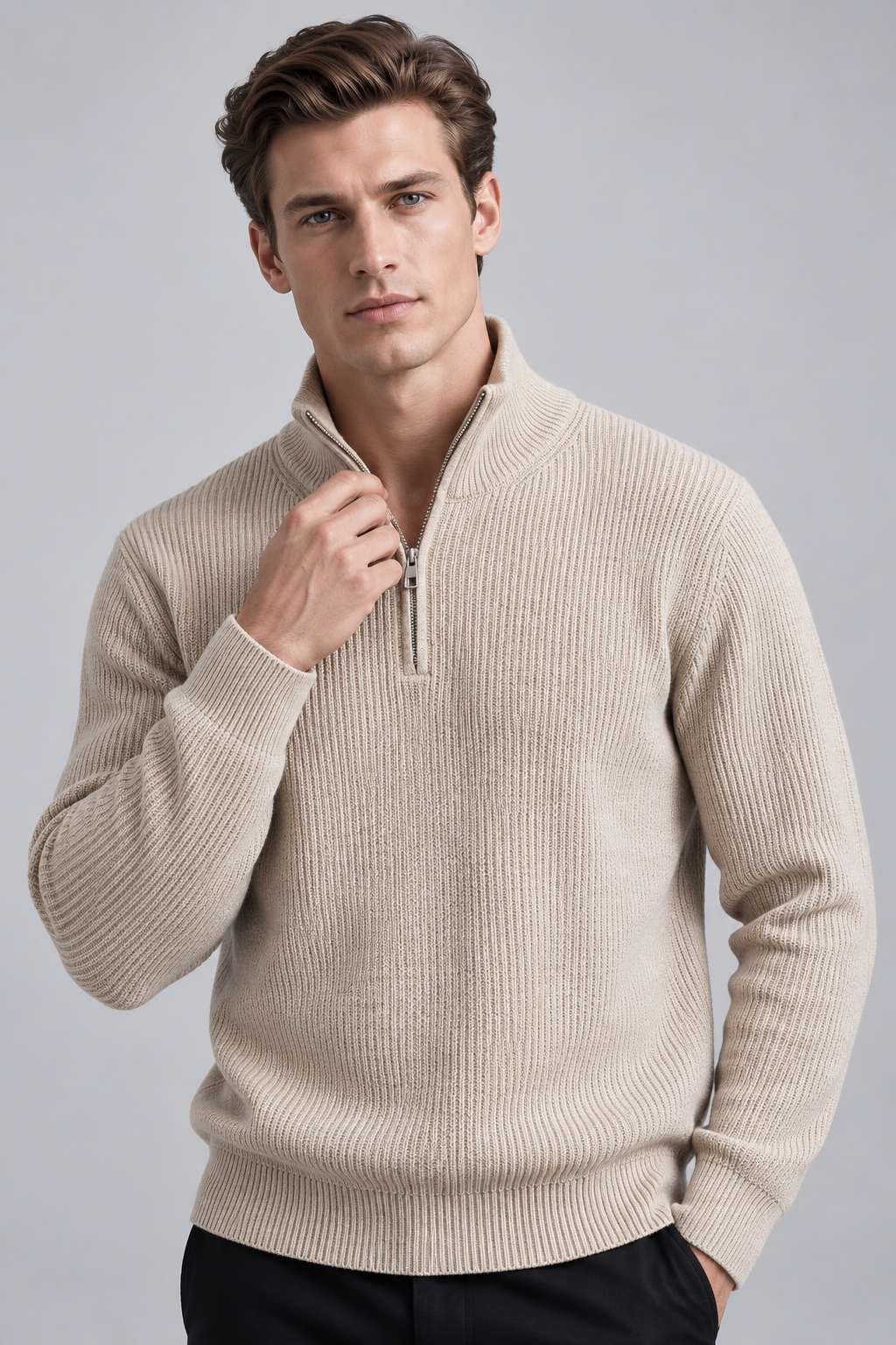 Pull homme beige col montant zippé en maille côtelée