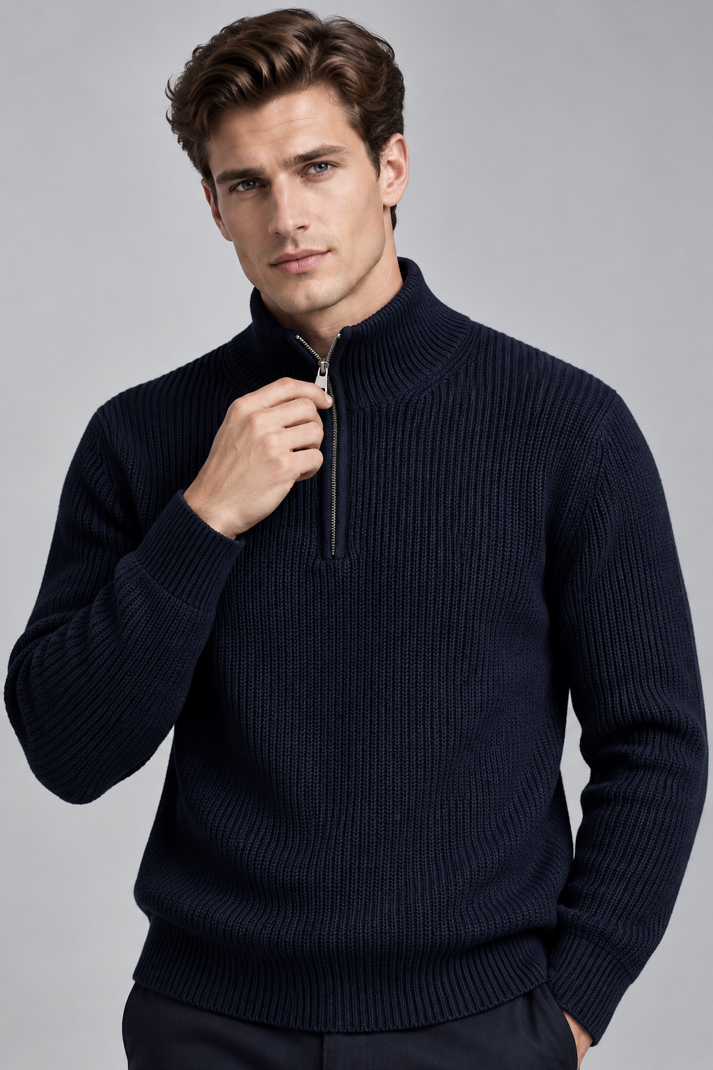 Pull homme marine col montant zippé en maille côtelée