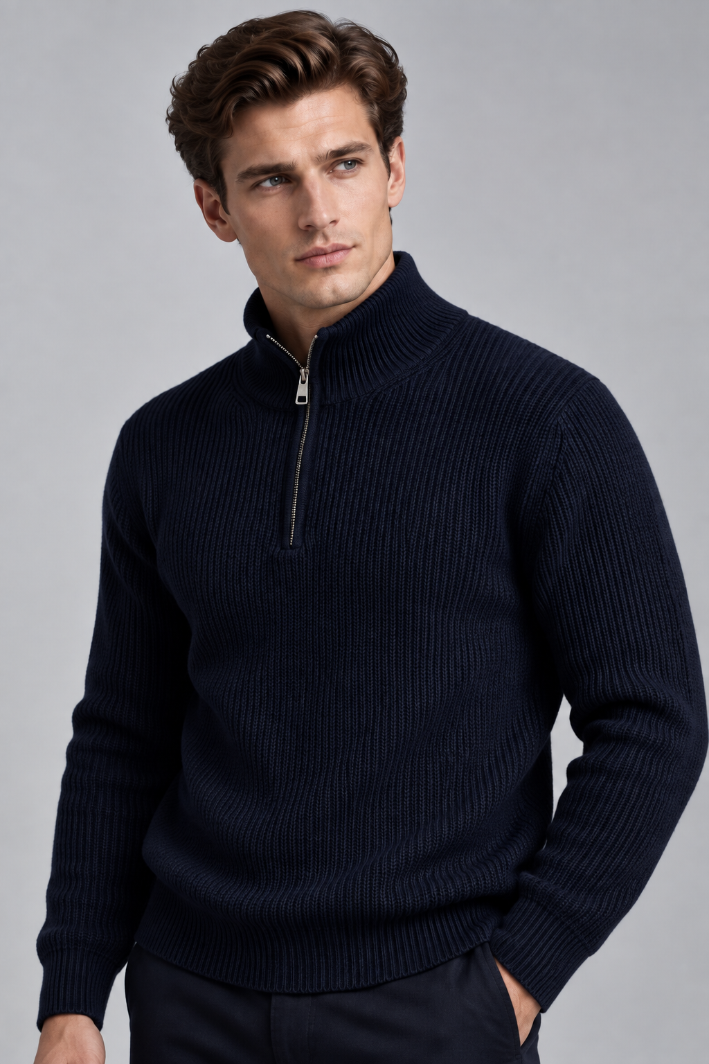 Pull homme marine col montant zippé en maille côtelée