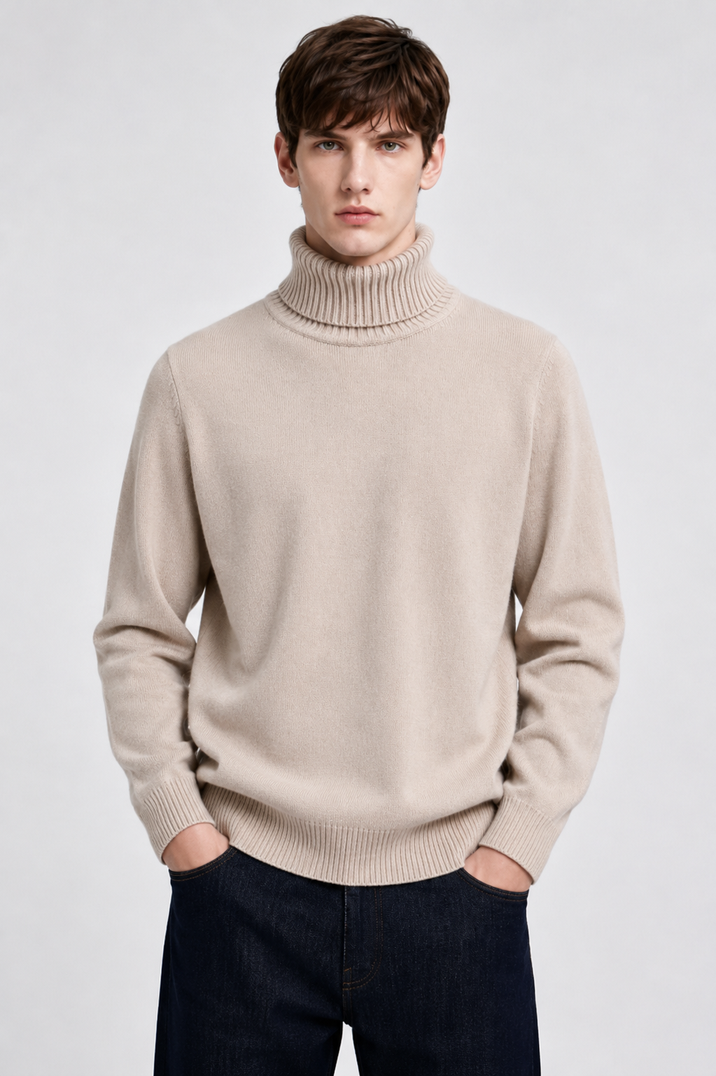 Pull homme beige à col roulé