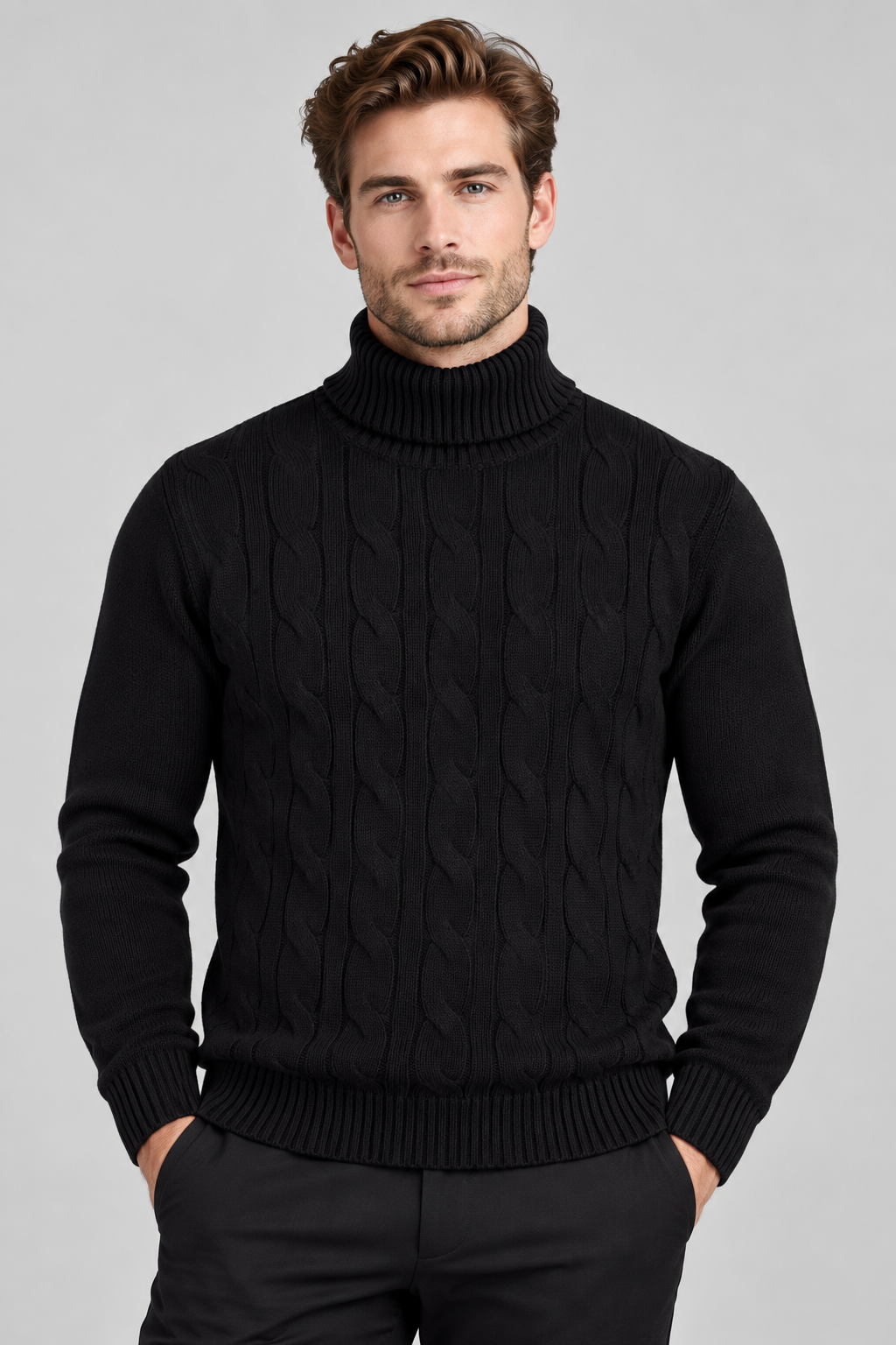 Pull Homme Noir Col Roulé à Torsades