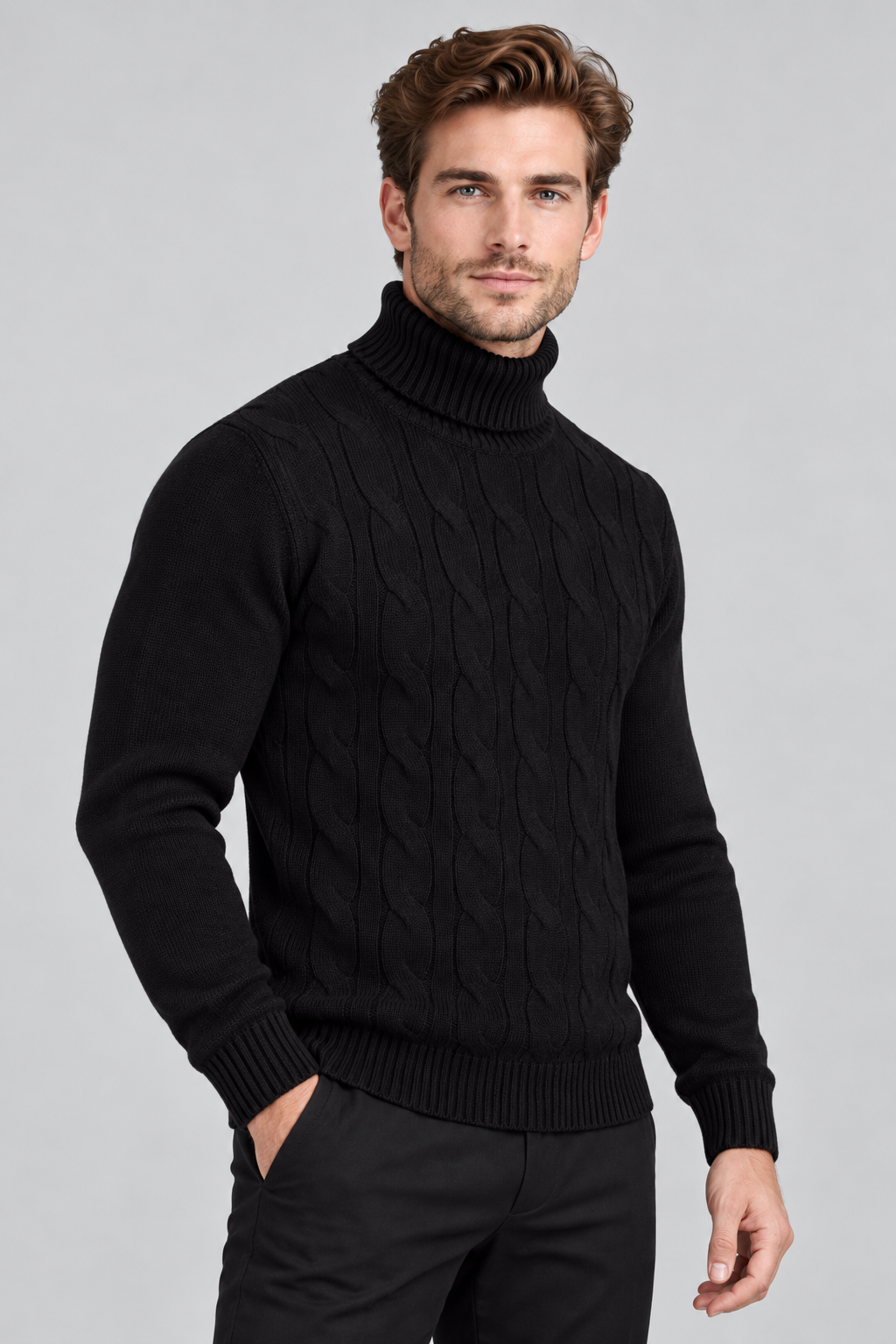 Pull Homme Noir Col Roulé à Torsades