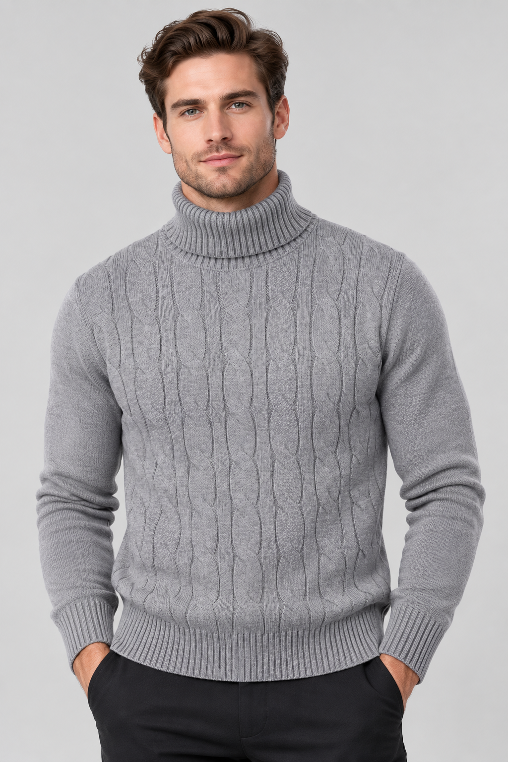 Pull Homme gris Col Roulé à Torsades