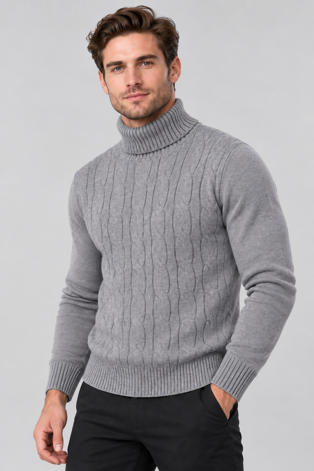 Pull Homme gris Col Roulé à Torsades