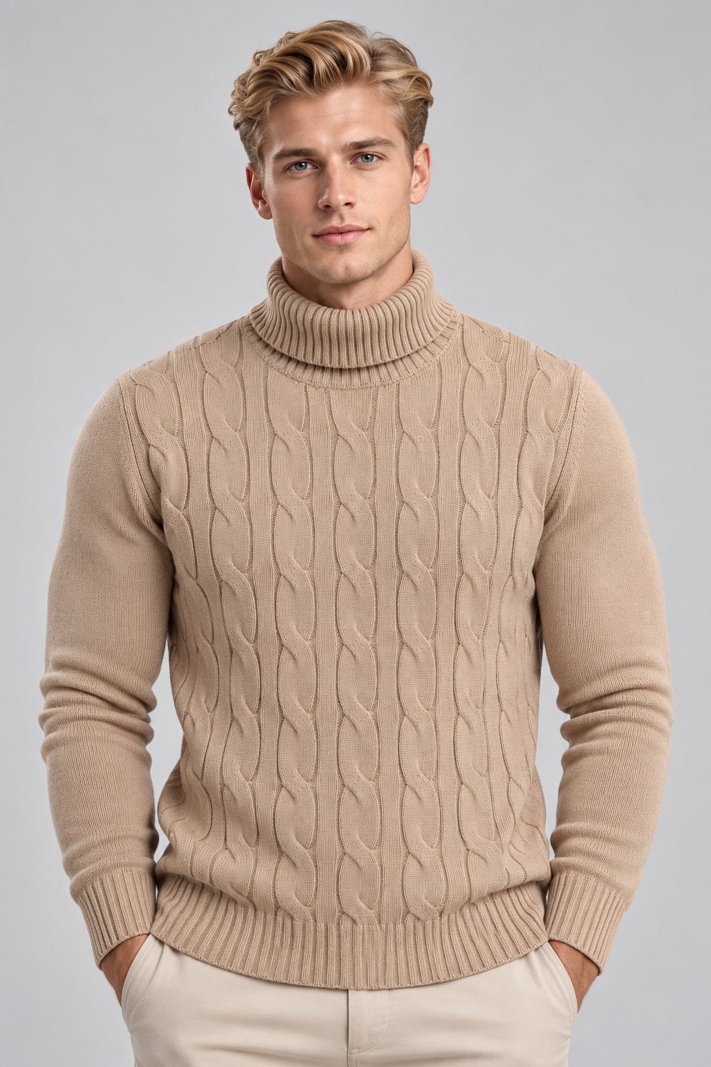 Pull Homme Camel Col Roulé à Torsades