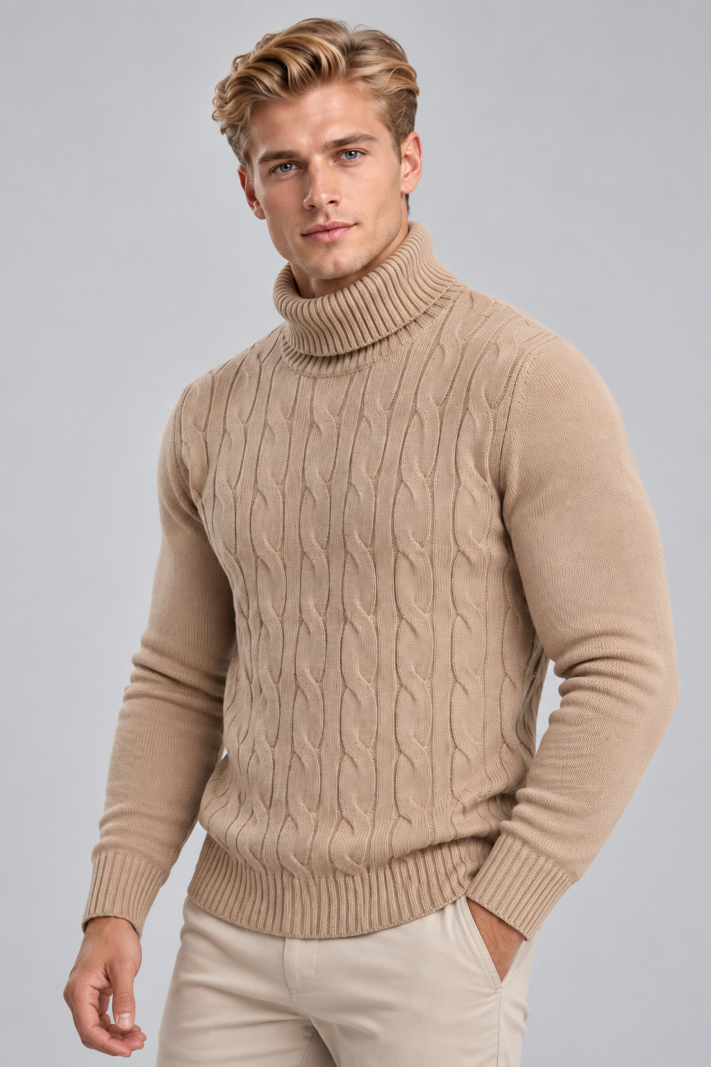 Pull Homme Camel Col Roulé à Torsades