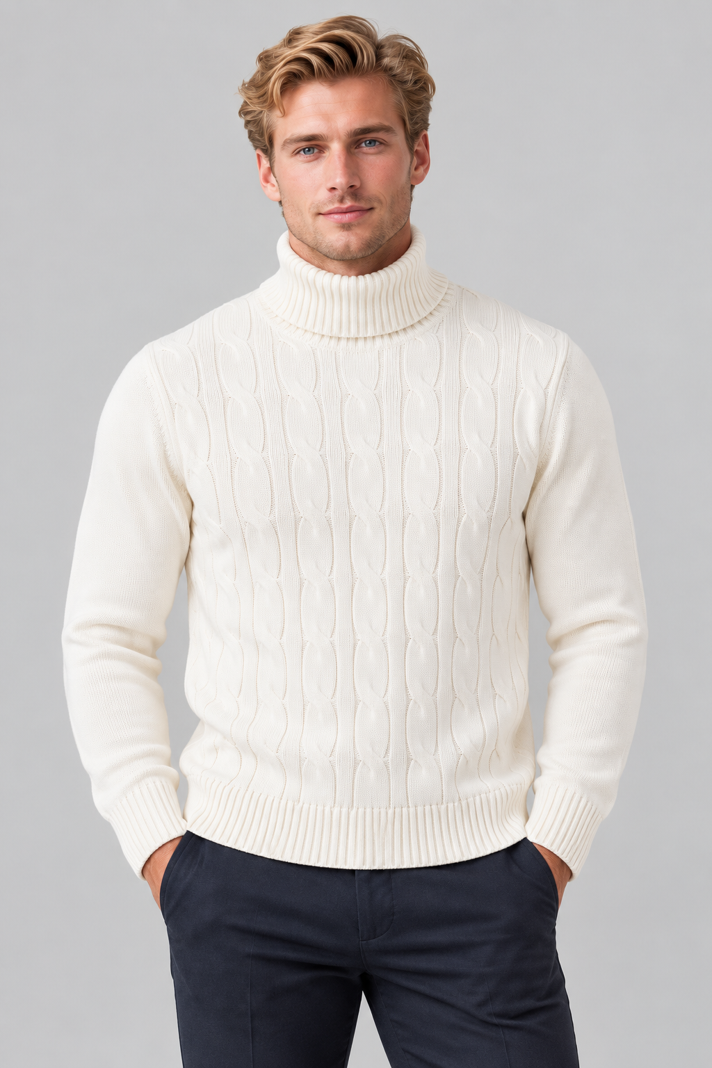 Pull Homme blanc Col Roulé à Torsades