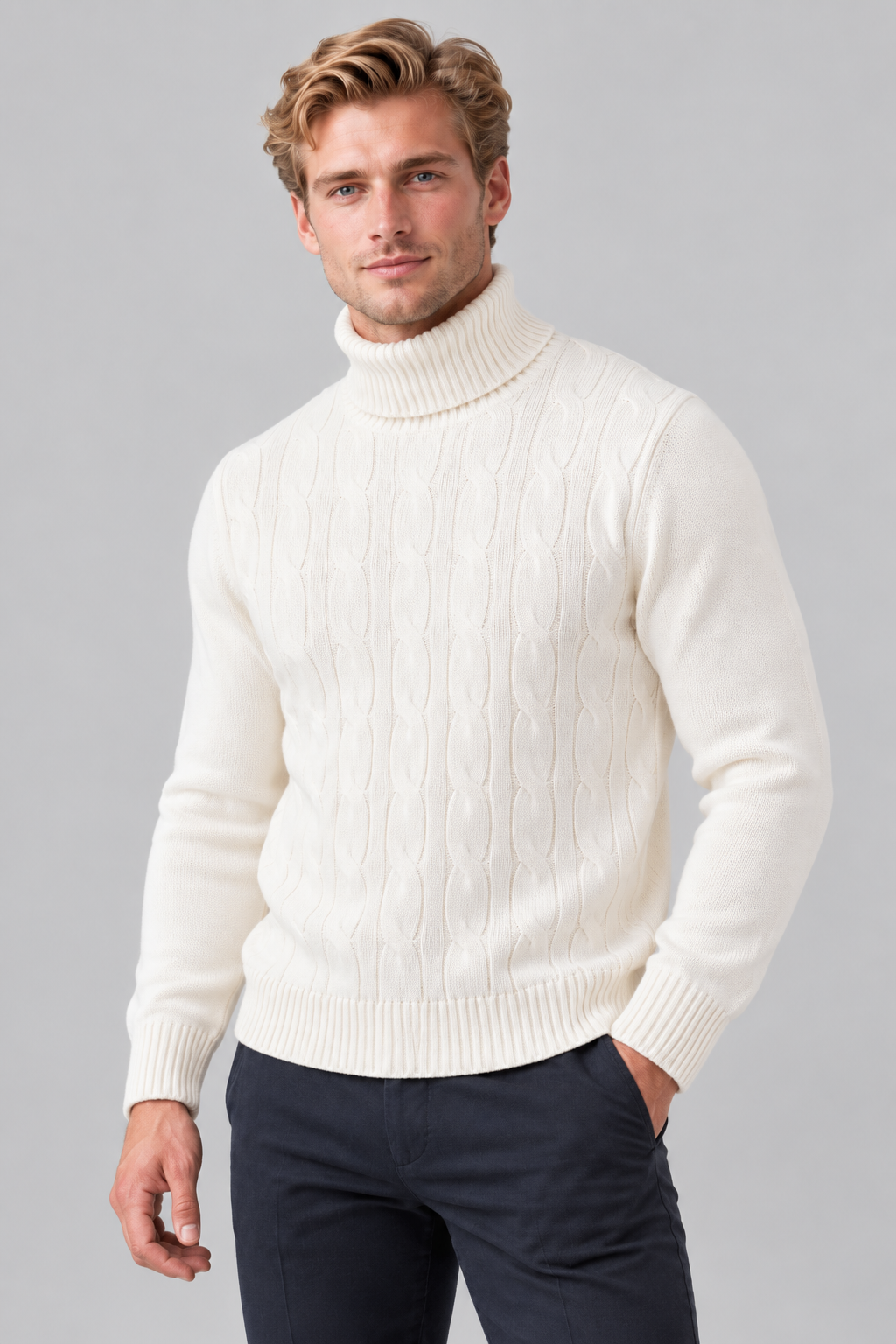 Pull Homme blanc Col Roulé à Torsades