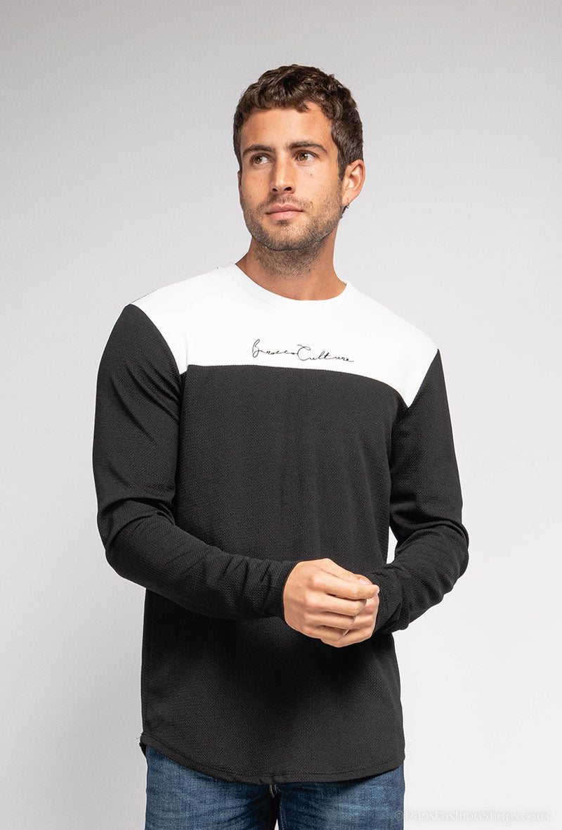 T-shirt Bicolore Noir & Blanc à Manches Longues – Broderie Style Calligraphie