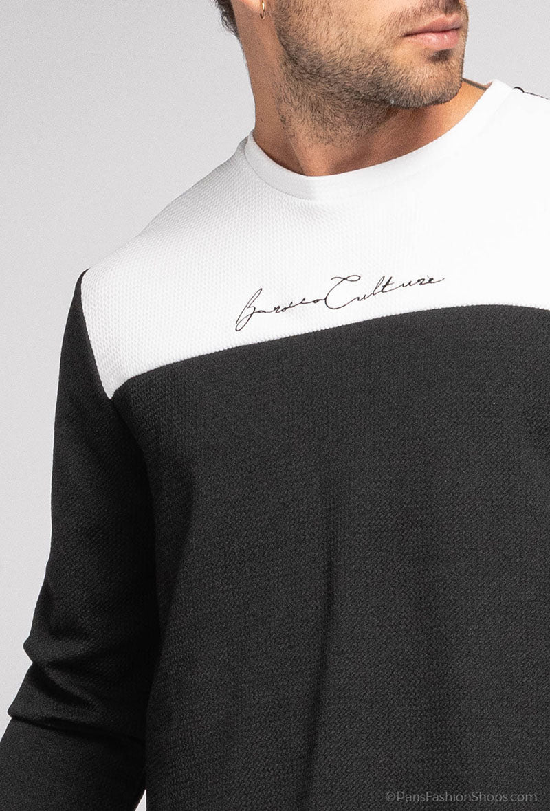 T-shirt Bicolore Noir & Blanc à Manches Longues – Broderie Style Calligraphie