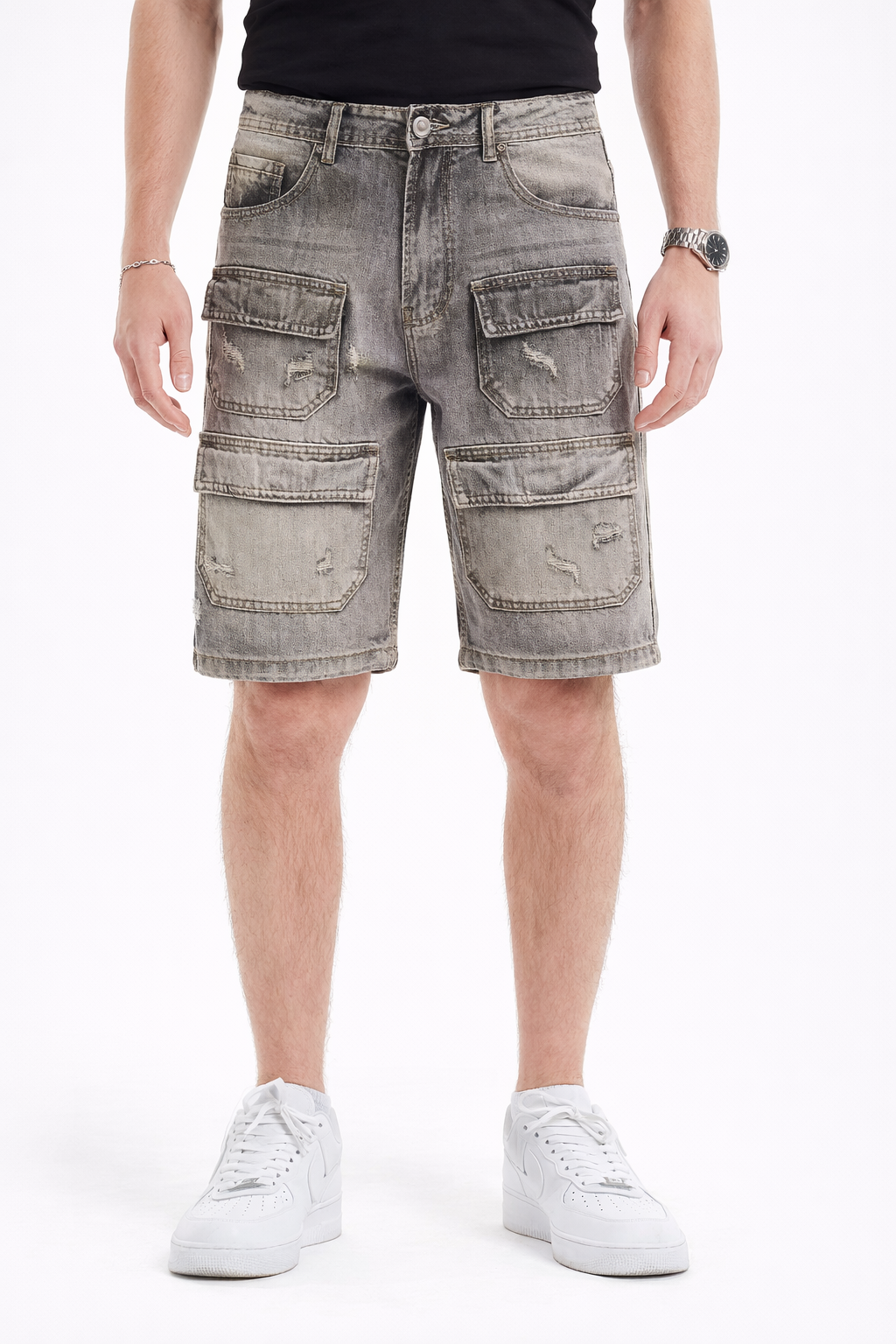 Short Cargo Homme Denim Gris Délavé