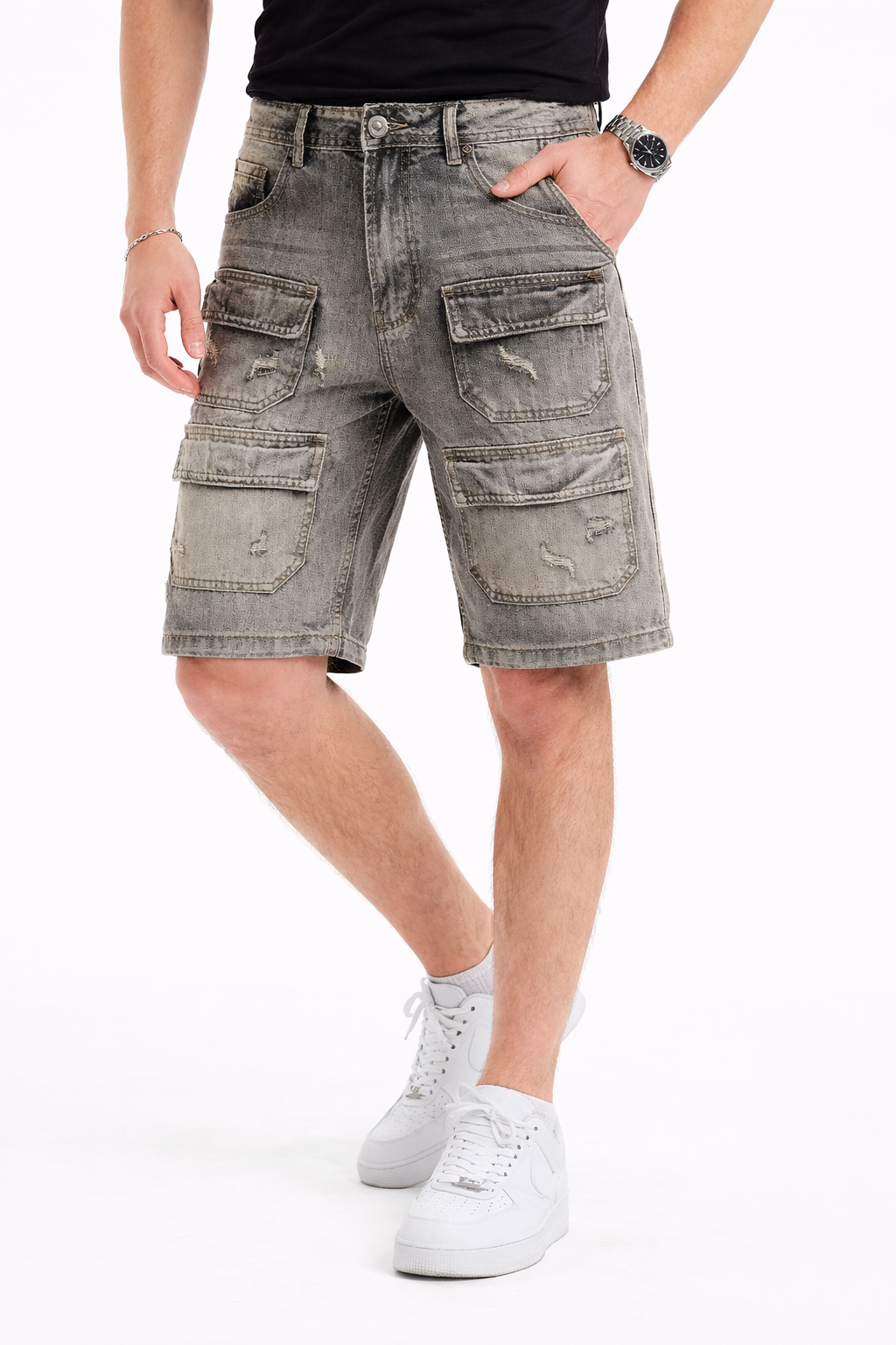 Short Cargo Homme Denim Gris Délavé