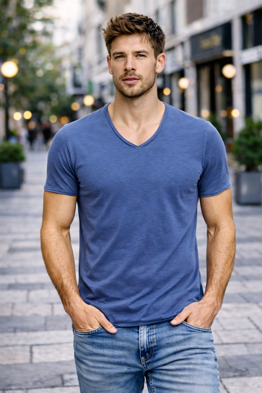T-shirt homme bleu col V