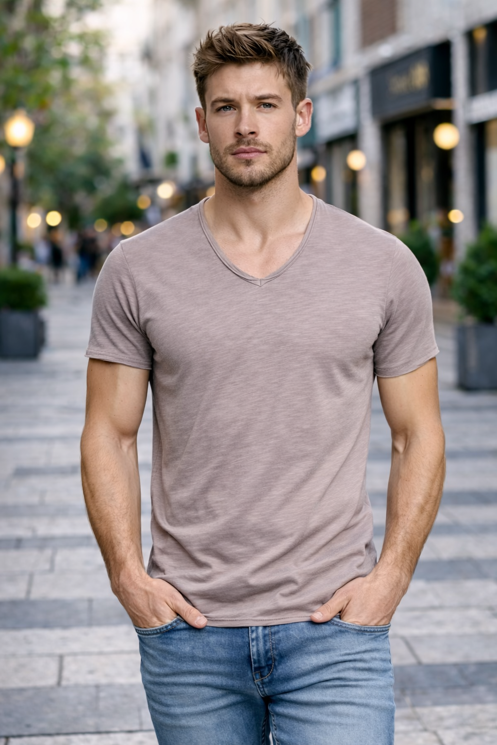T-shirt homme taupe col V