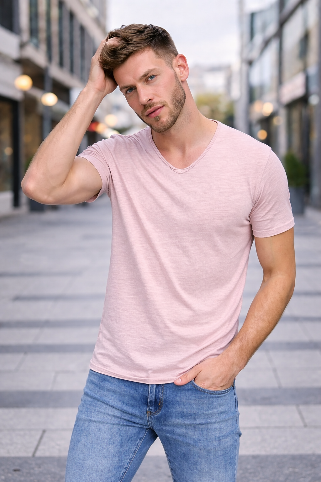 T-shirt homme rose col V