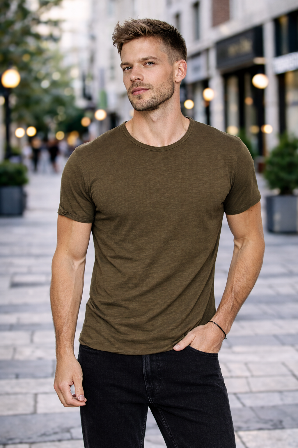T-shirt homme kaki col rond