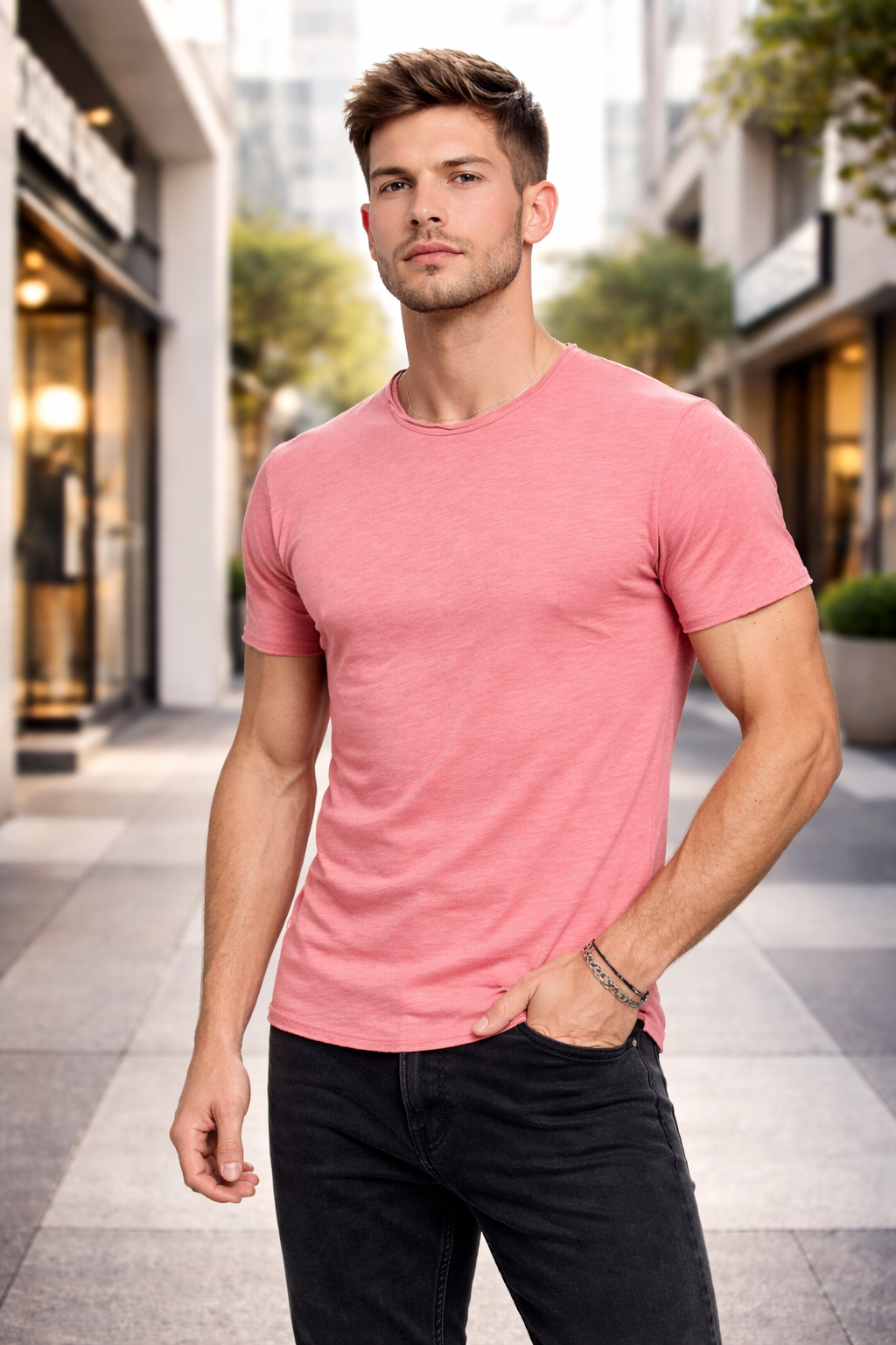 T-shirt homme rose col rond