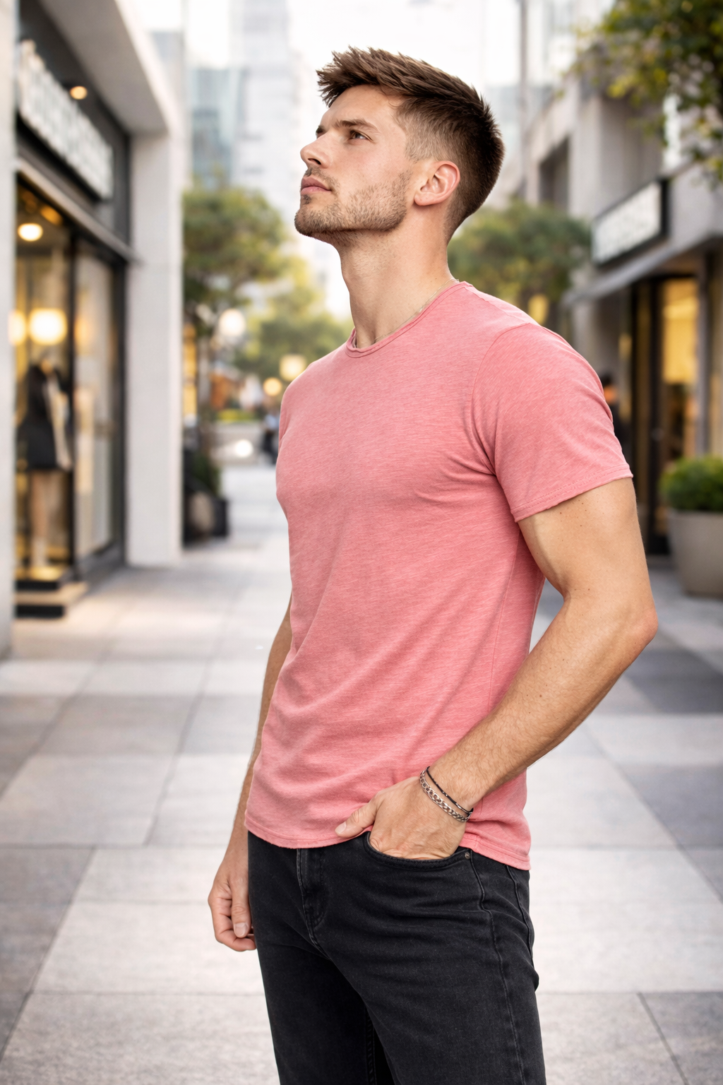 T-shirt homme rose col rond