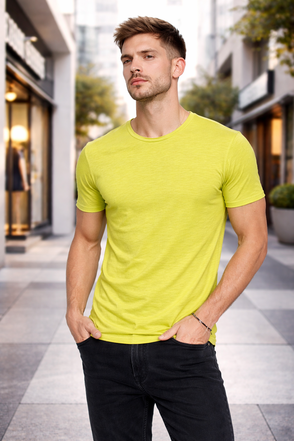 T-shirt homme jaune col rond