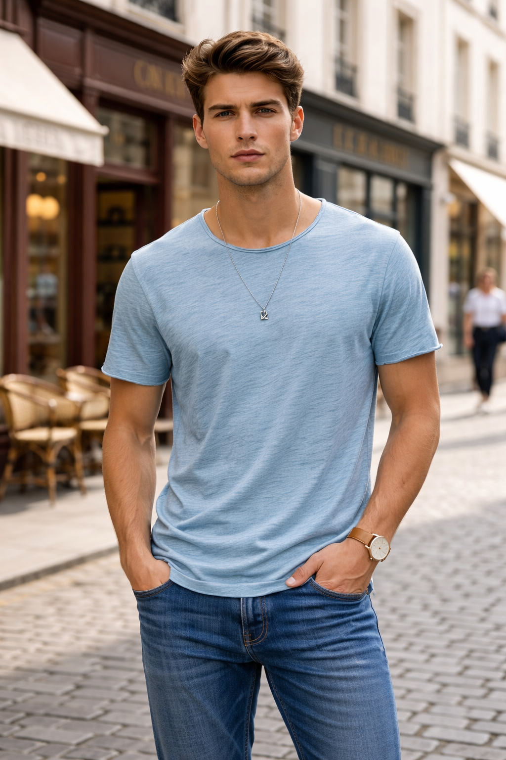 T-shirt homme bleu clair chiné