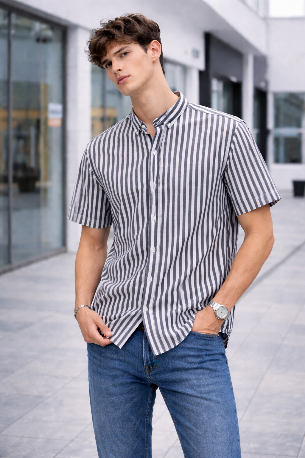 Chemise homme manches courtes rayée noir et blanc
