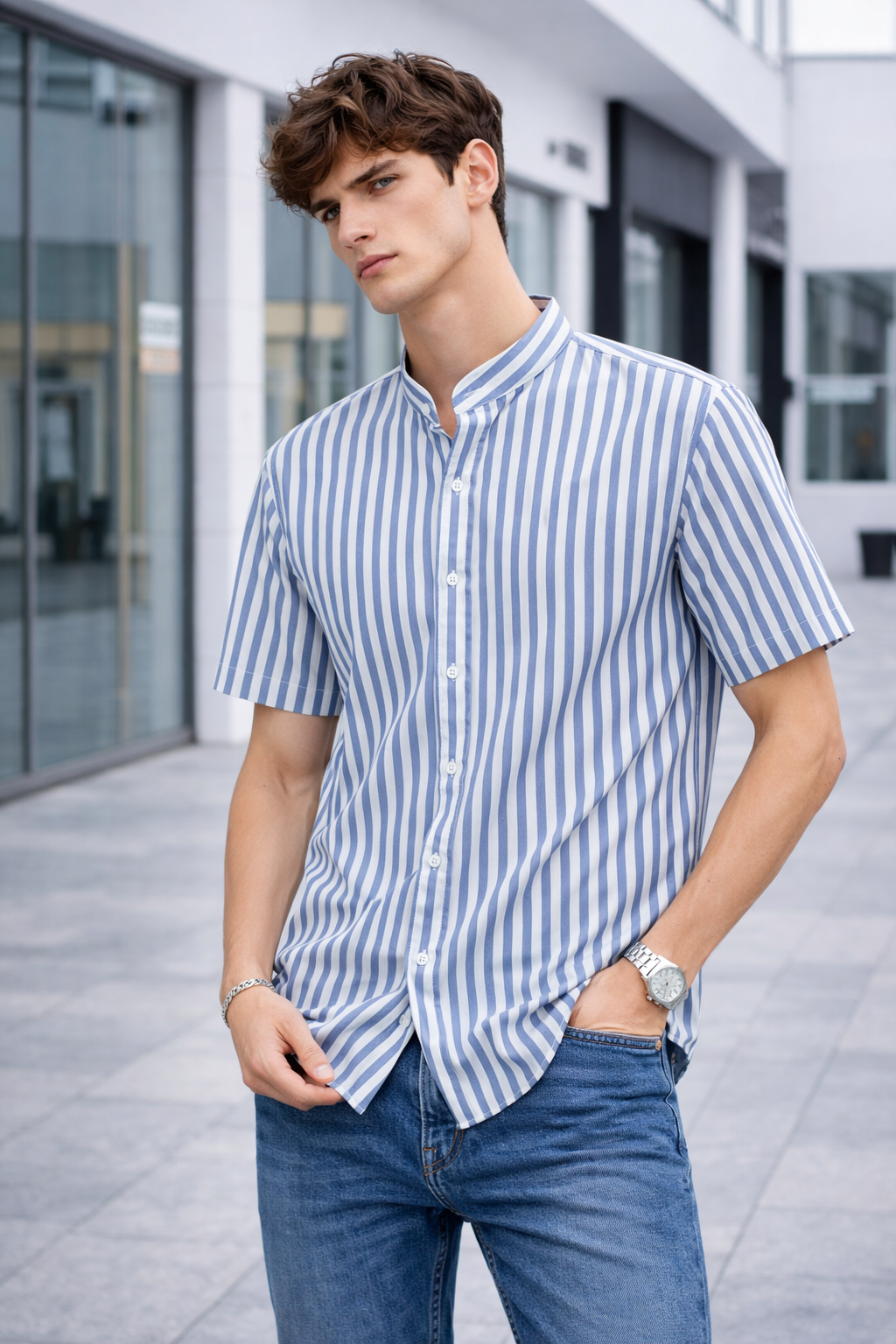 Chemise manches courtes homme rayée bleu et blanc