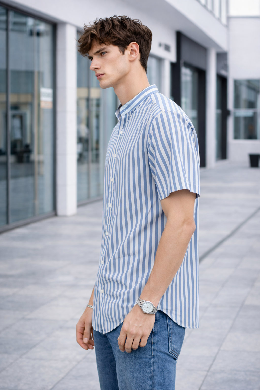 Chemise manches courtes homme rayée bleu et blanc
