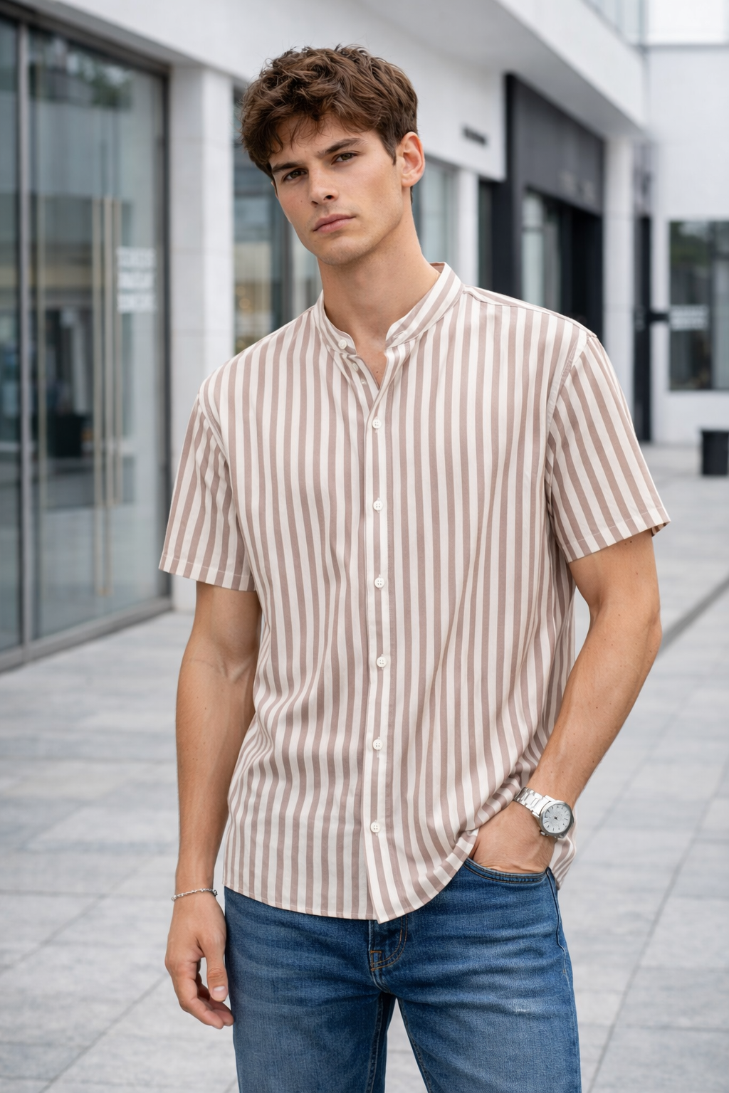 Chemise homme manches courtes rayée marron et blanc