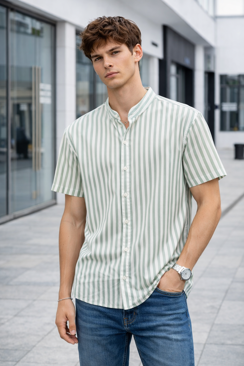 Chemise homme manches courtes rayée vert et blanc