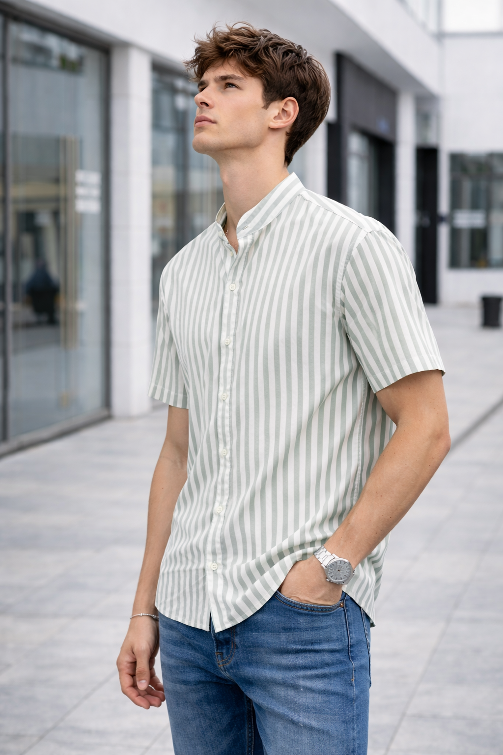 Chemise homme manches courtes rayée vert et blanc