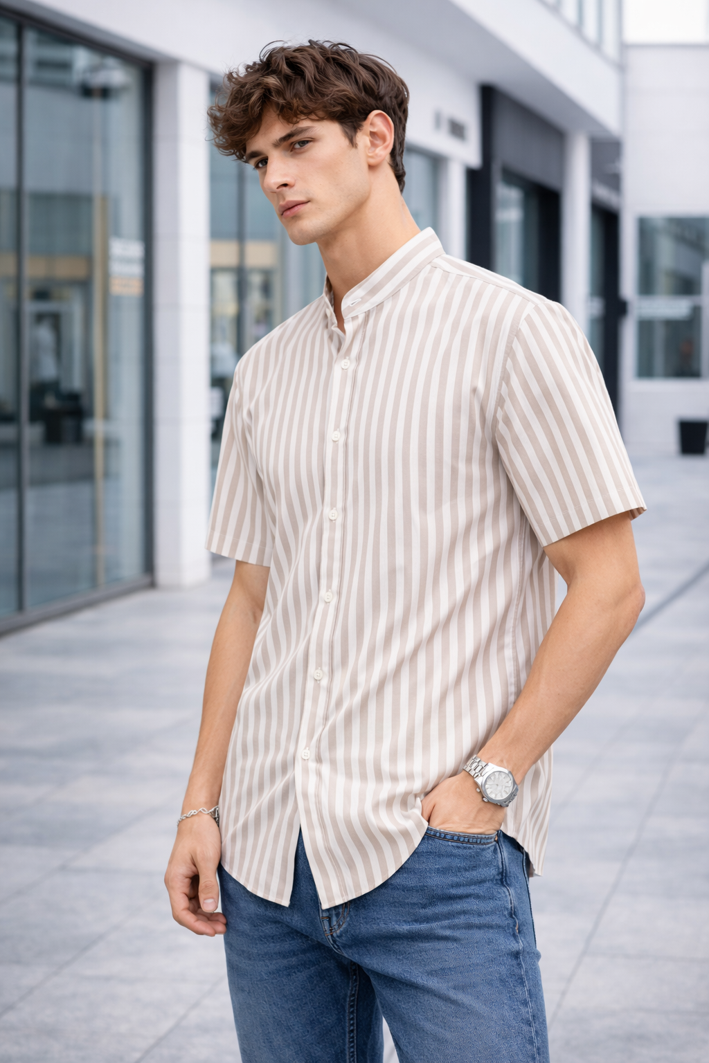 Chemise manches courtes homme rayée beige et blanc